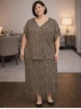C22 Cato Woman Black and Brown Animal Print Skirt and Top Set, Size 26W